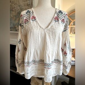 by Anthropologie Puff-Sleeve Embroidered Blouse V-Neck Size Small